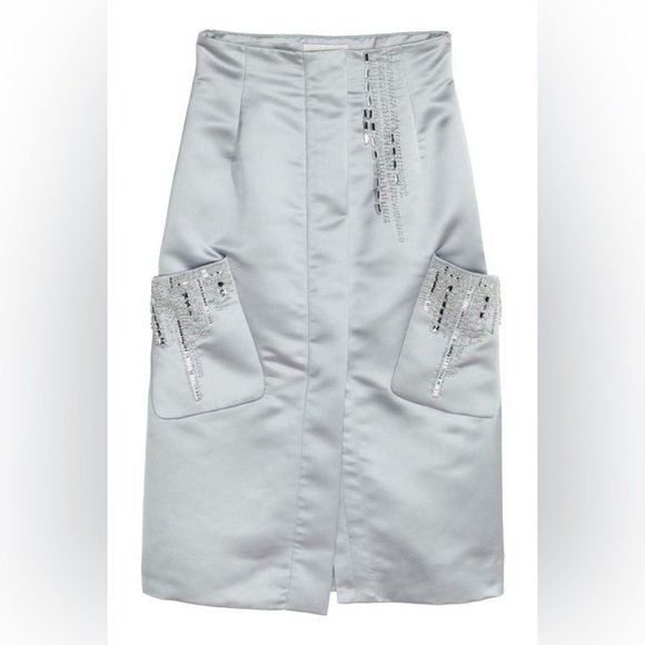 H&M Conscious Exclusive Clear Beads/Gems Silver Satin pencil Skirt - Picture 1 of 11